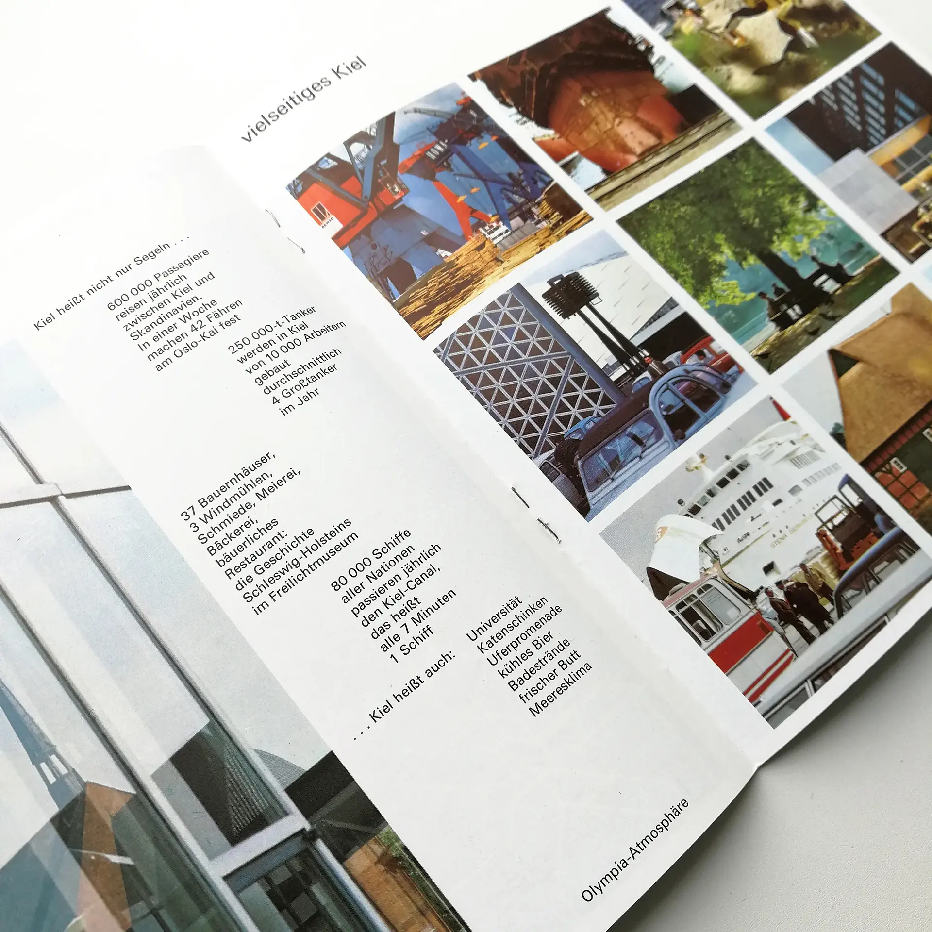 Brochure about Kiel featuring colorful images of landmarks and activities. Text highlights Kiel’s attractions and key statistics.