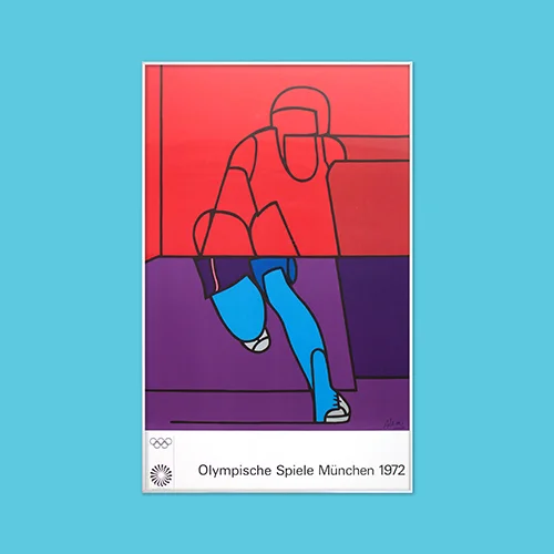 An abstract running figure outlined in black on a background of flat saturated shapes in shades of red, blue and violet