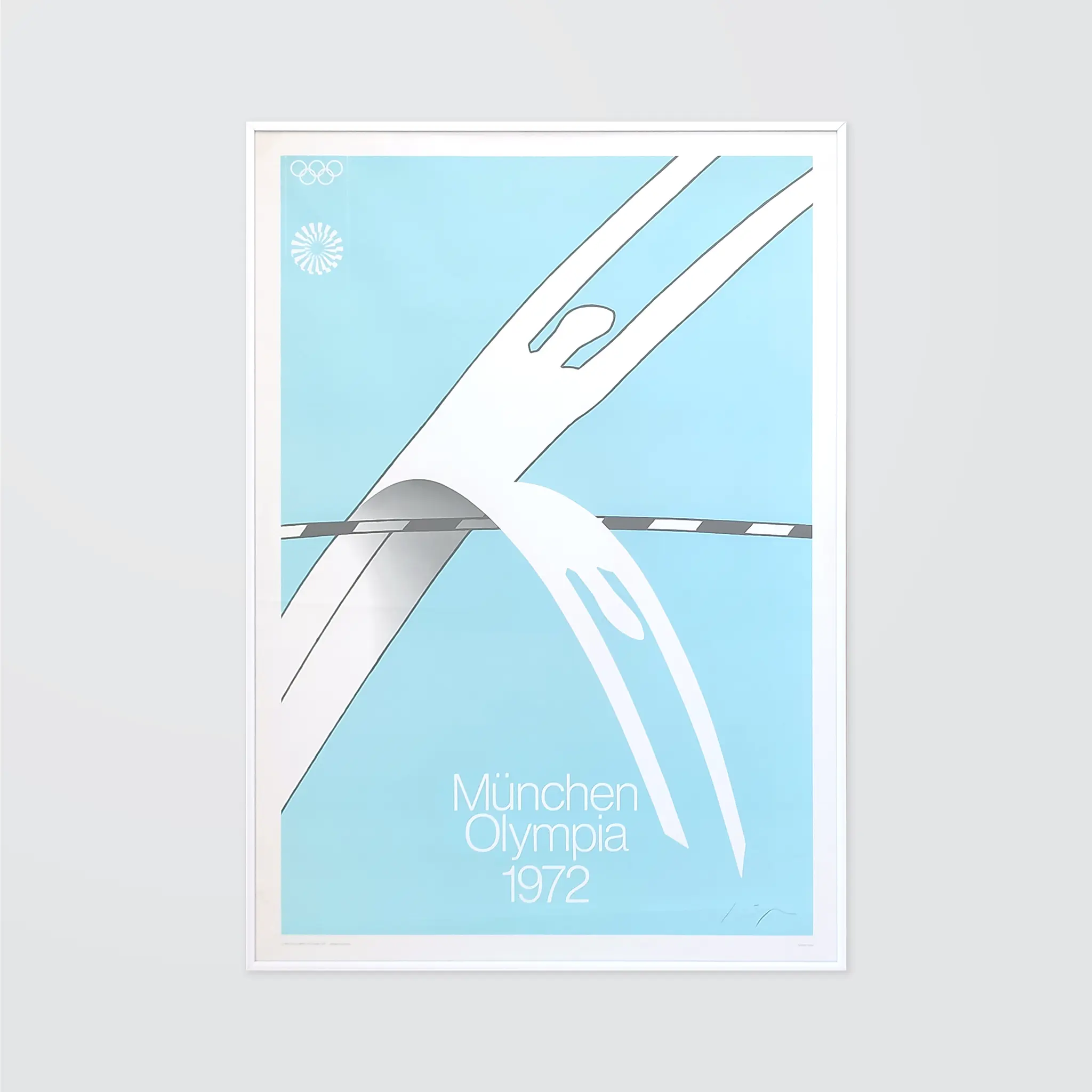 Abstract Olympic poster with white and grey figures on a light blue background. Text reads "München Olympia 1972" with Olympic logo.