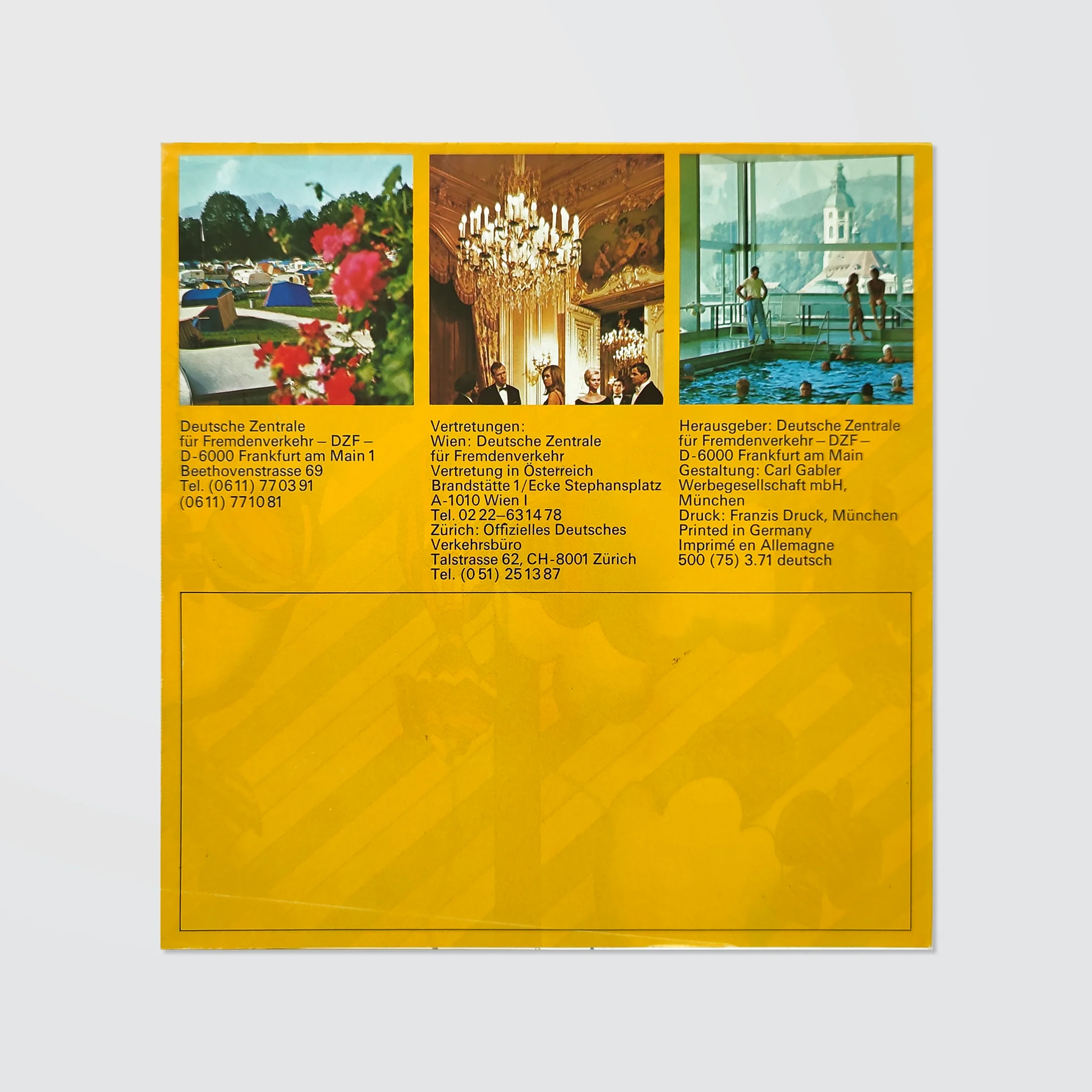 Three images on a yellow background: a garden, a chandelier-lit room, and a pool scene. Text details contact info for German tourism offices.