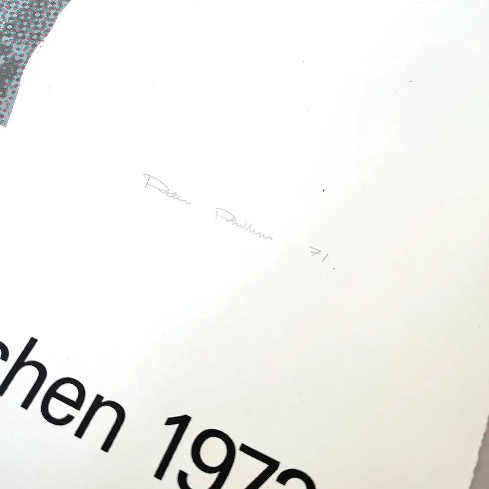 Thumbnail: Handwritten signature detail from a Peter Phillips art poster from the 1972 Munich Olympic Games