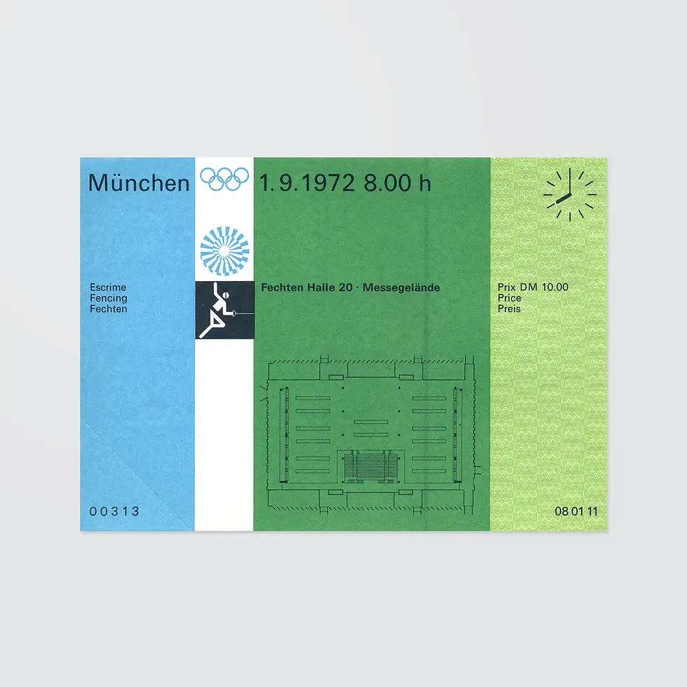 An entry ticket for the fencing events at the Fencing Halls during the 1972 Munich Olympic Games.