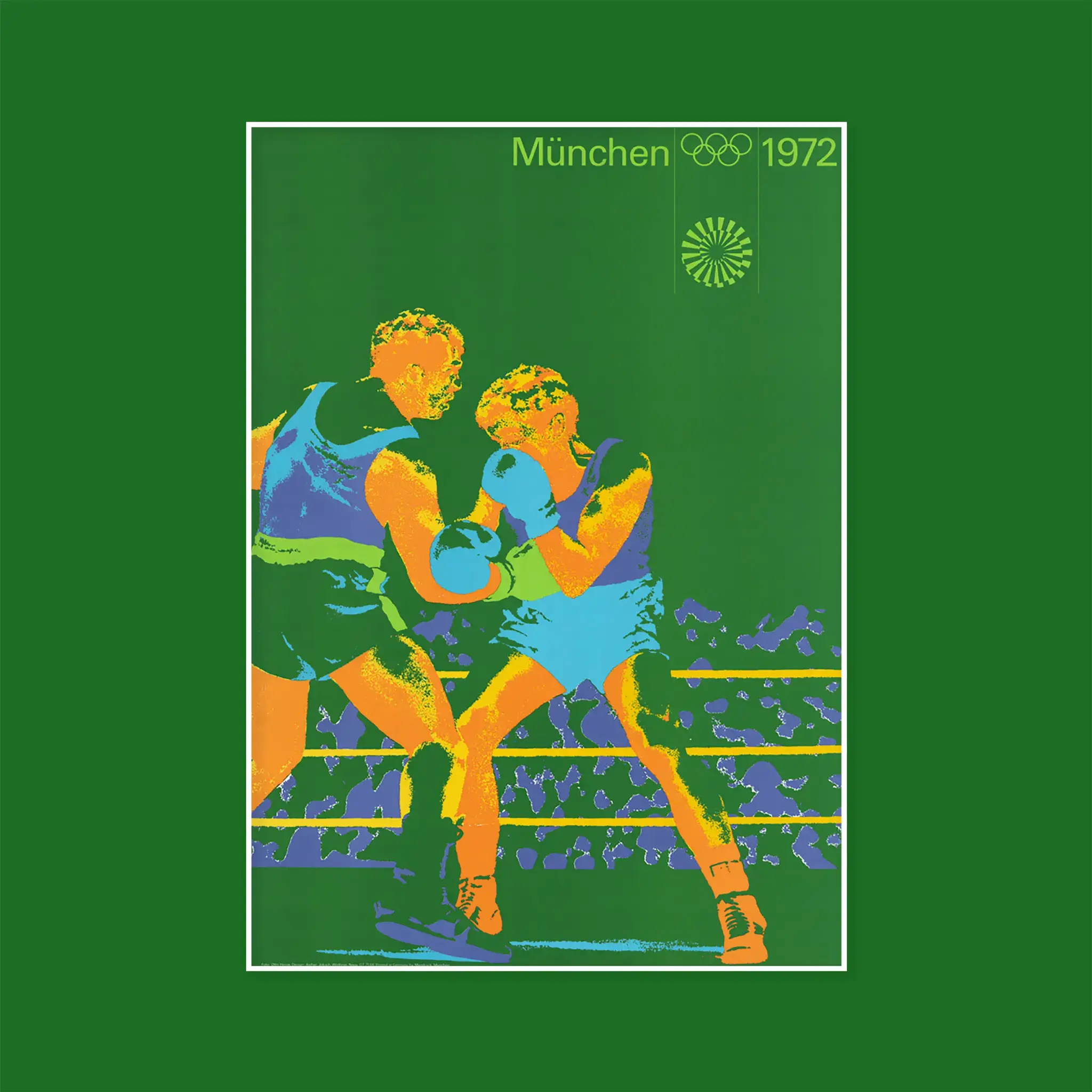 A green & orange poster of two boxers in the ring. Created in a vectorized photo style with München 1972 text & Olympic rings