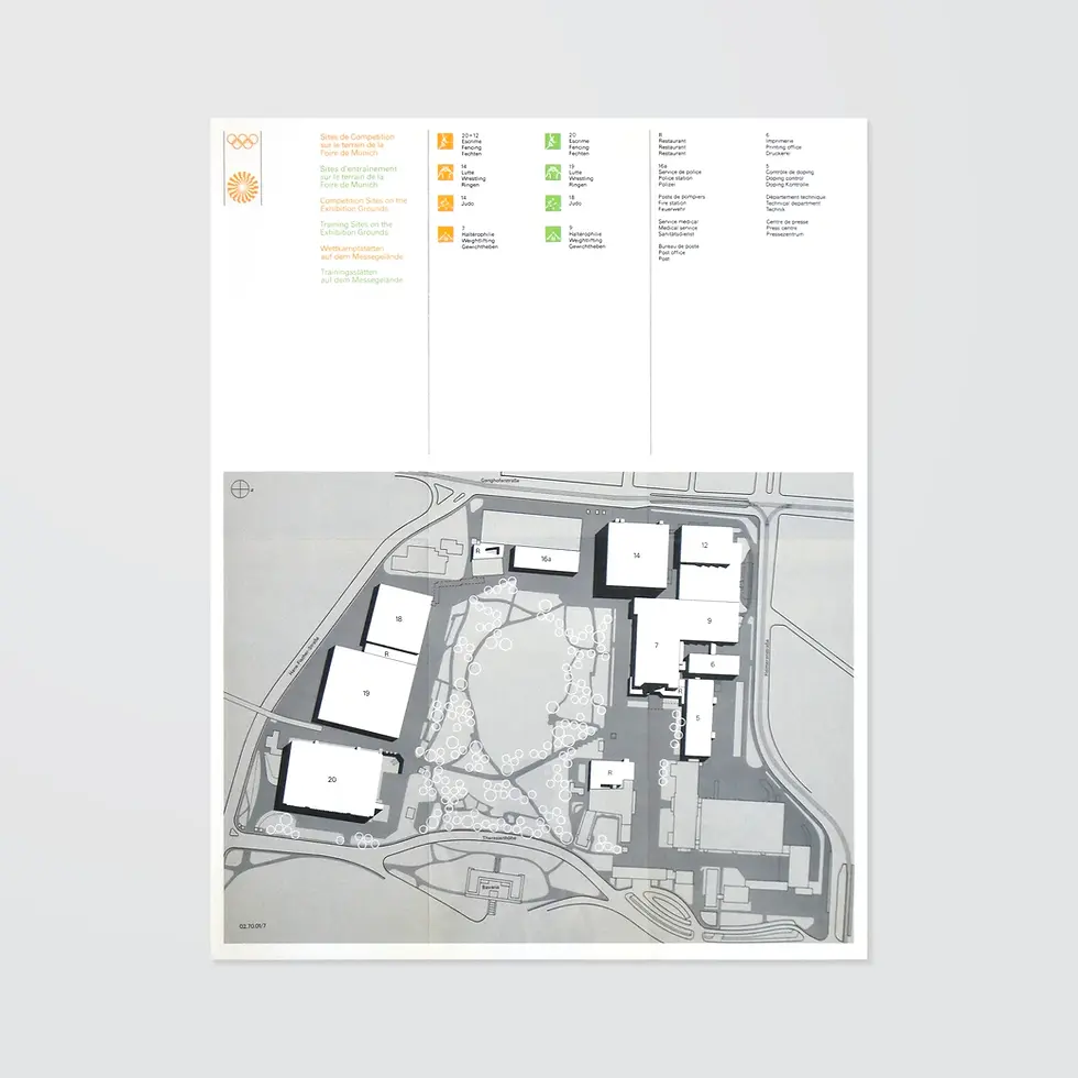 Architectural site map with labeled buildings, paths, and icons. Grey background, with upper text column in multiple languages.