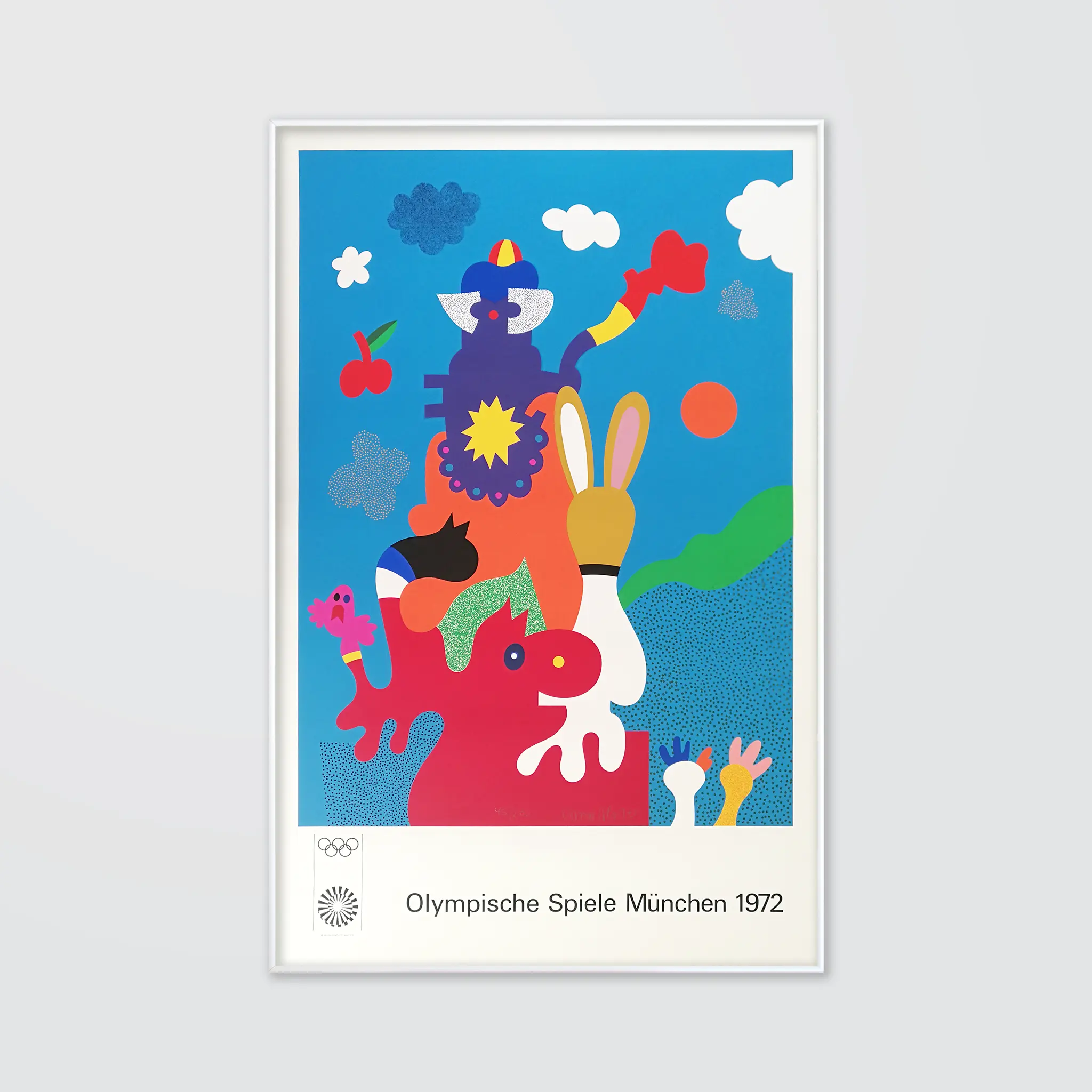 A very colourful, abstract depiction of animals, shapes and clouds on a bright blue background