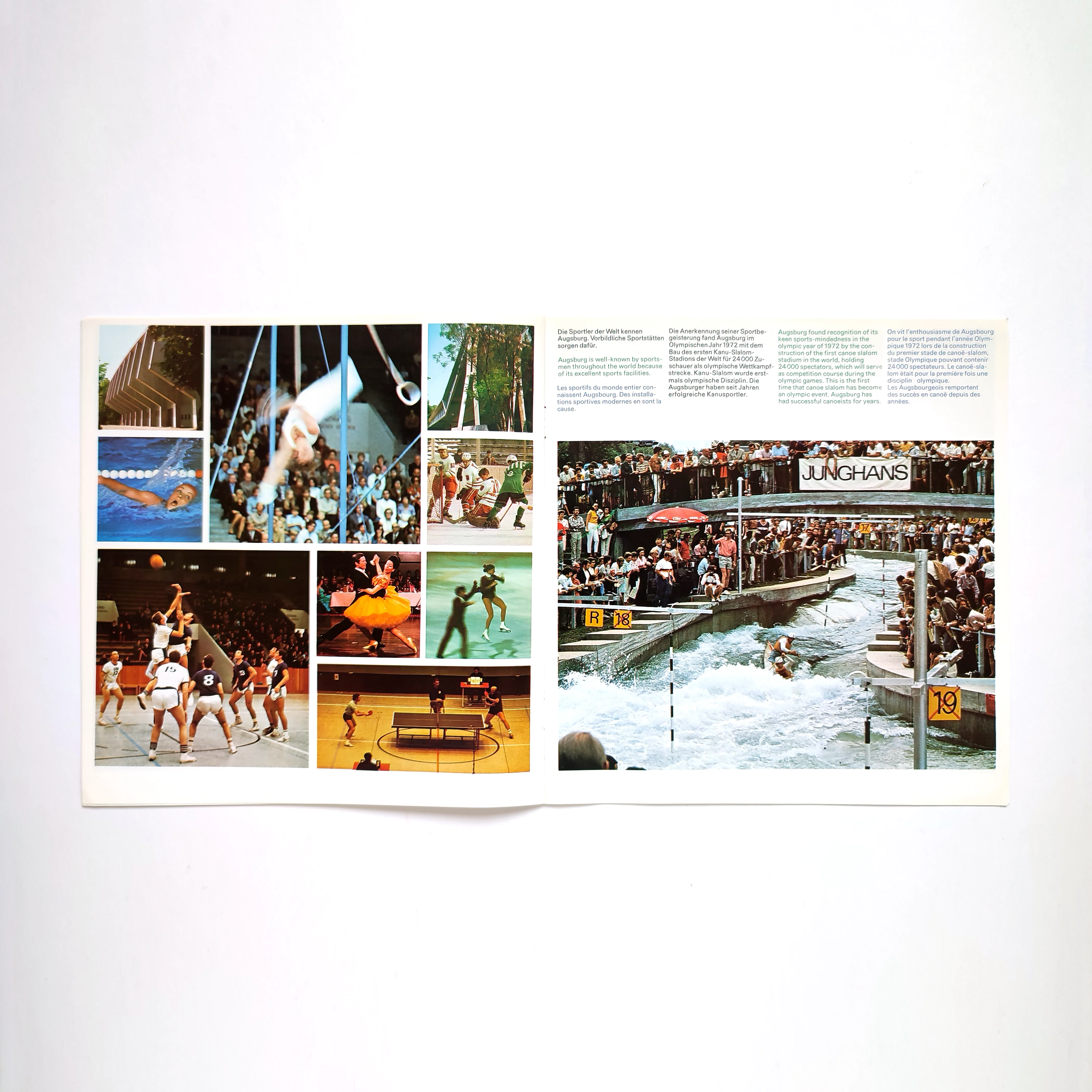 Collage of sports photos featuring swimming, gymnastics, basketball, and whitewater kayaking. Crowd watches kayakers near "JUNGHANS" sign.