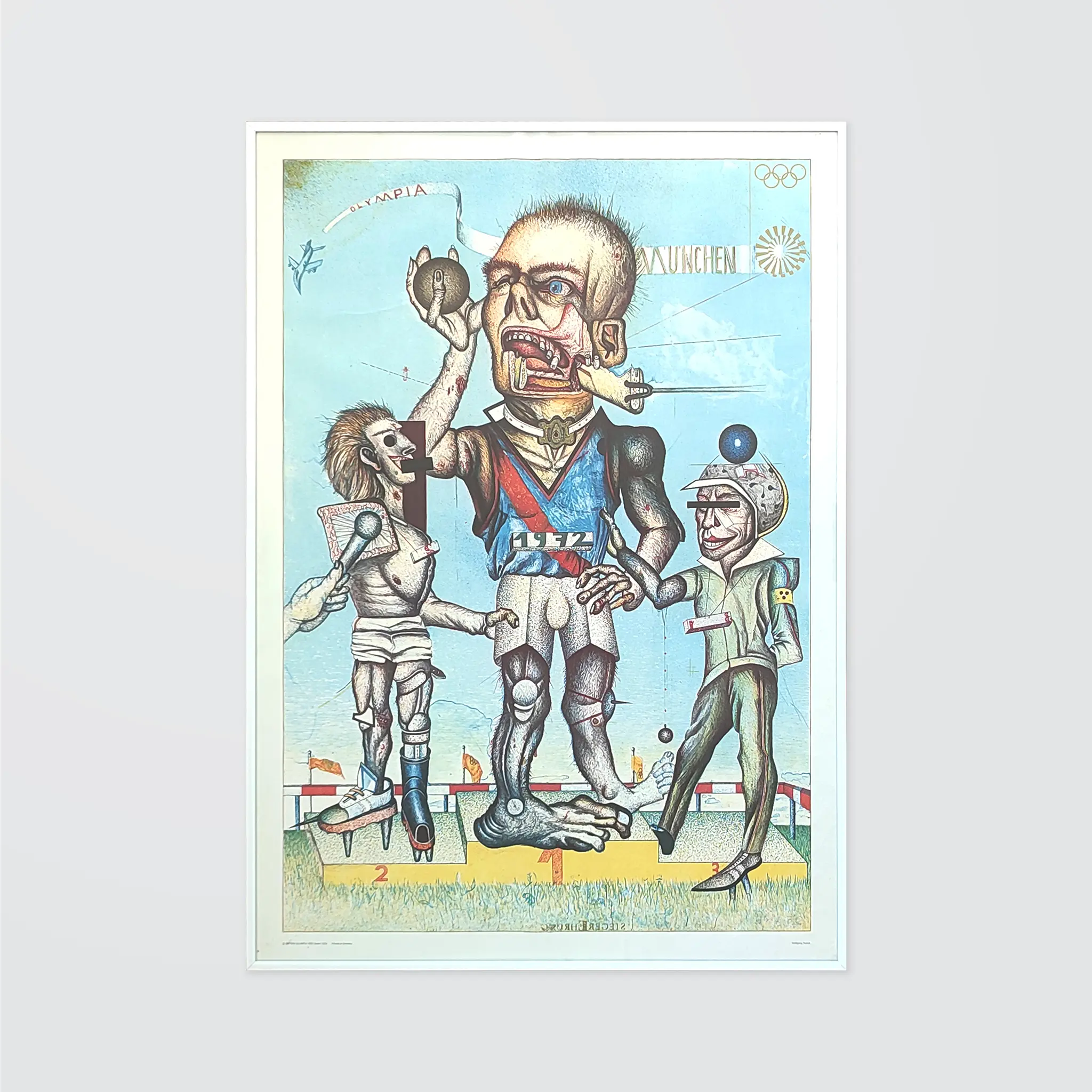 Caricature of three athletes on a podium with grotesque features, wearing medals. Background shows flags and "Olympia München" text. Surreal style.
