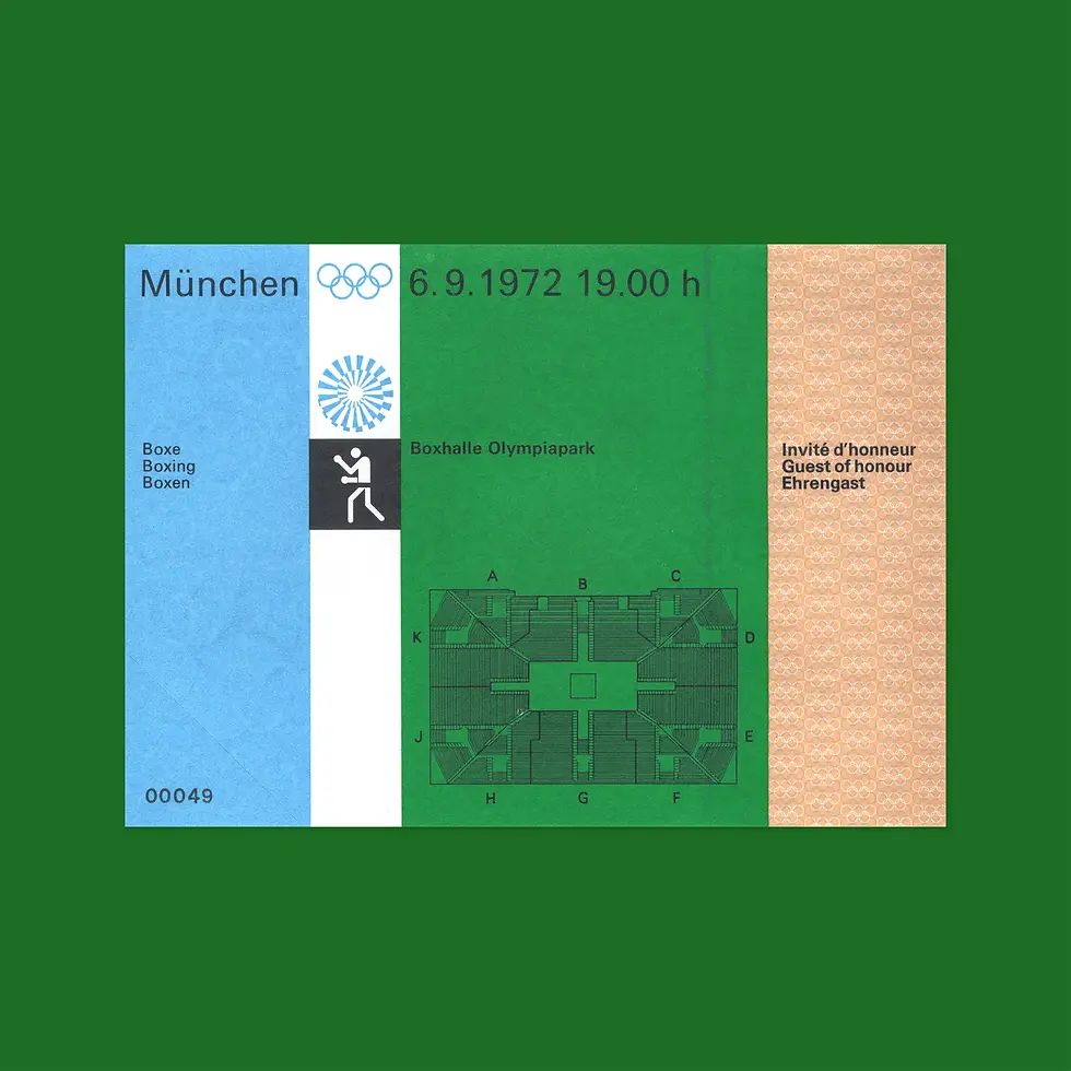 Olympic boxing ticket for 6.9.1972, 19:00, München. Blue, white, green, orange sections with text, logos, and a venue map.