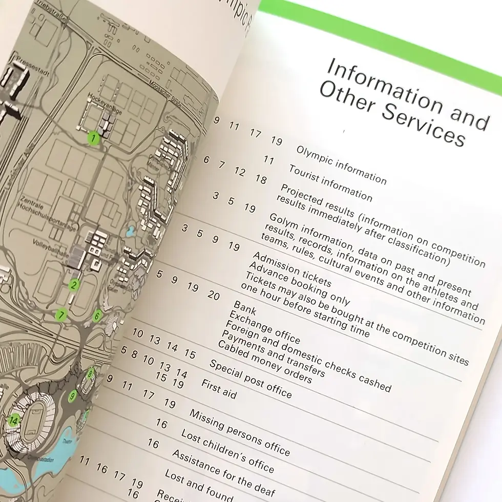 Thumbnail: Open book showing a detailed map and a page titled "Information and Other Services" with various services listed. White back
