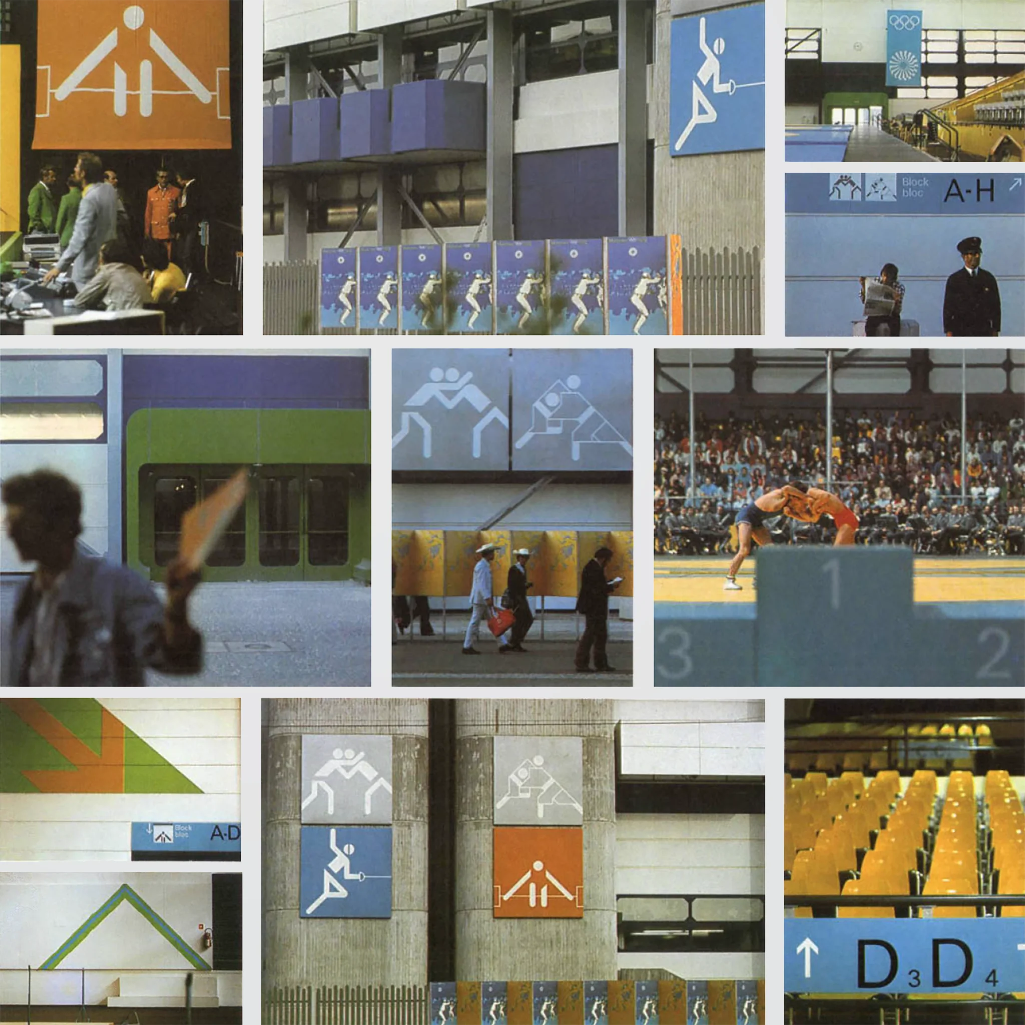 Collage of Olympic venues with colorful sports icons, athletes wrestling, and directional signs. A crowd watches in a stadium.