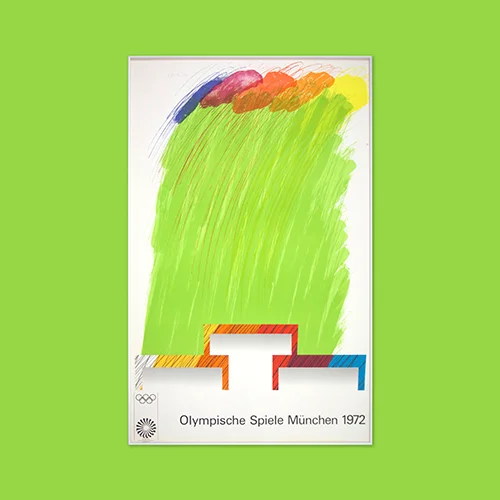 A colourful medal podium beneath brushstrokes of bright green