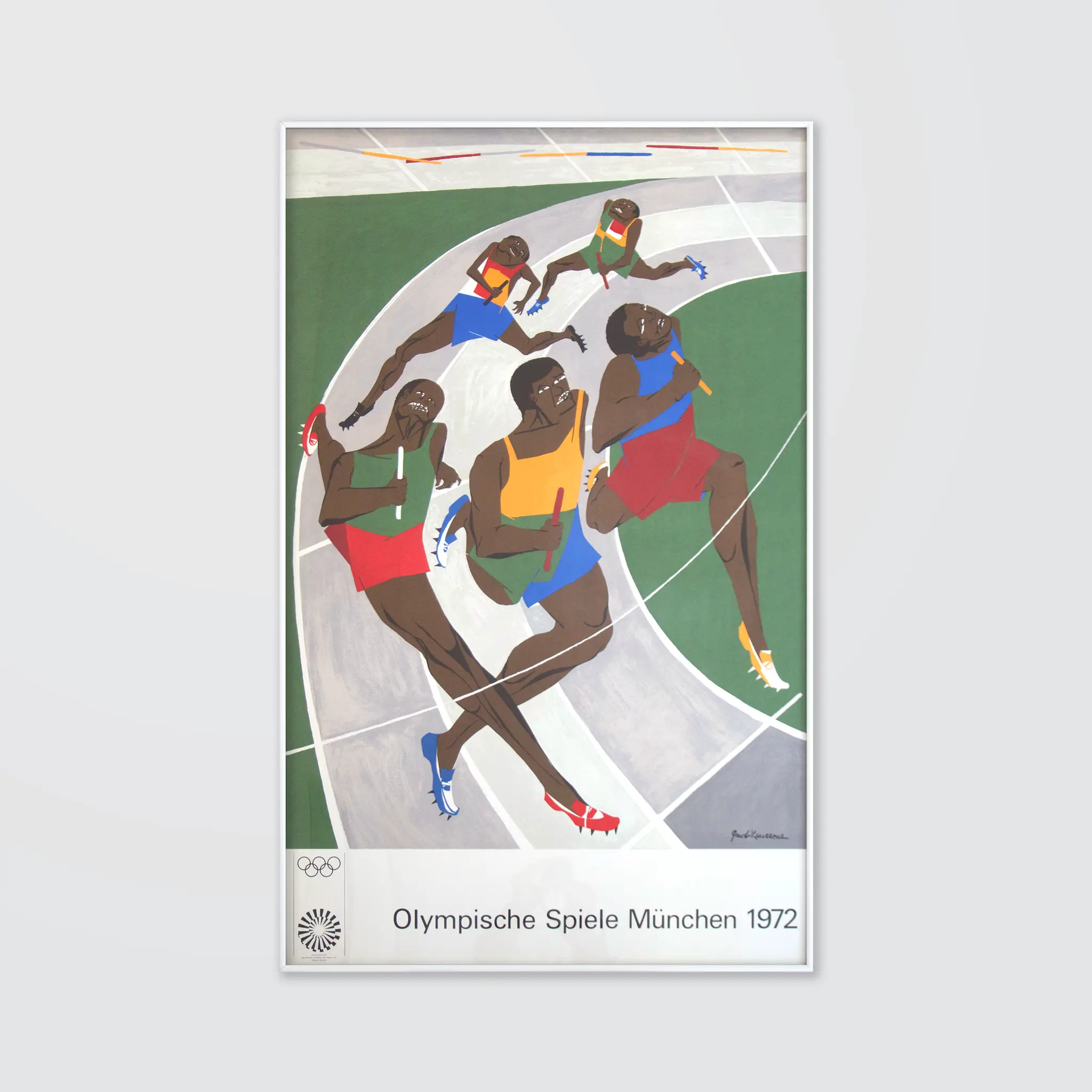 African American sprinters running the bend in an expressive cubism style