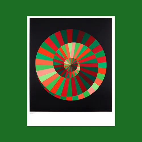A stylised variation of the Munich 1972 spiral logo in red and green on a black background