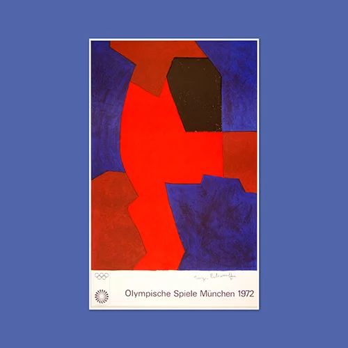 Abstract forms in shades of red and blue