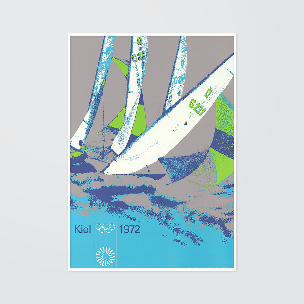 Thumbnail: A framed poster from the 1972 Munich Olympics depicting the sailing event against a light grey background.