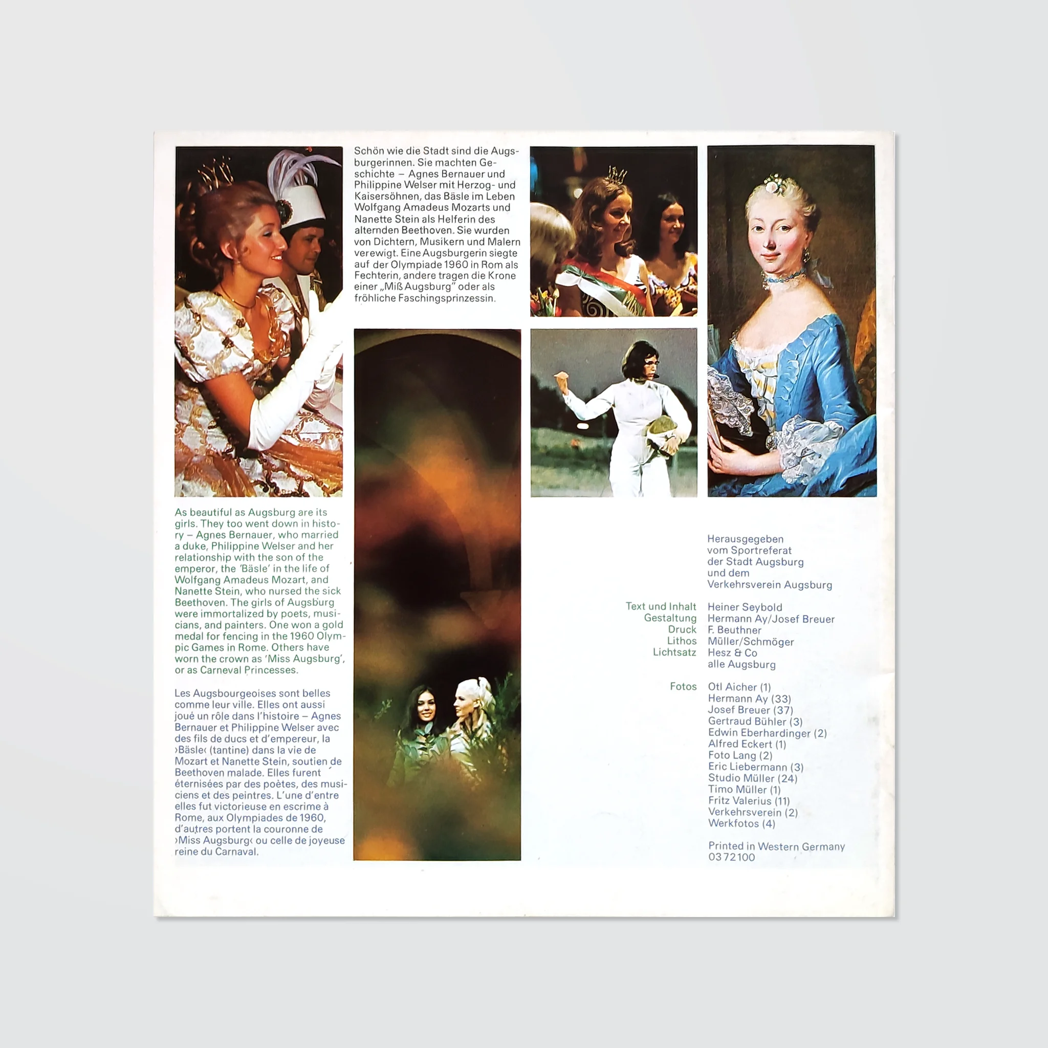 A collage featuring women in costumes, a portrait, and a fencer. Text in English, German, and French discusses historical figures and events.