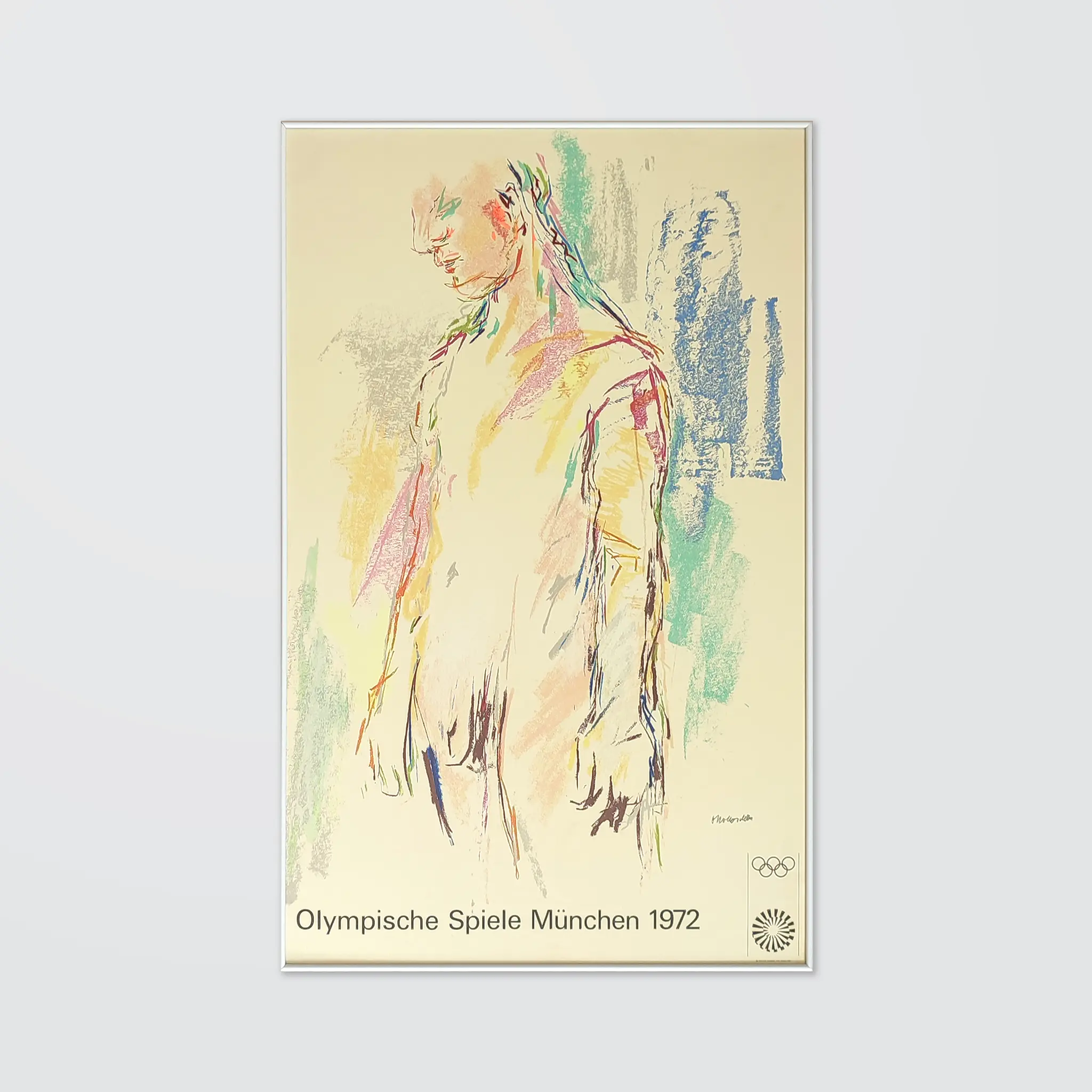 Kouros in an expressionist style of colouful pastel daubs on a cream coloured background