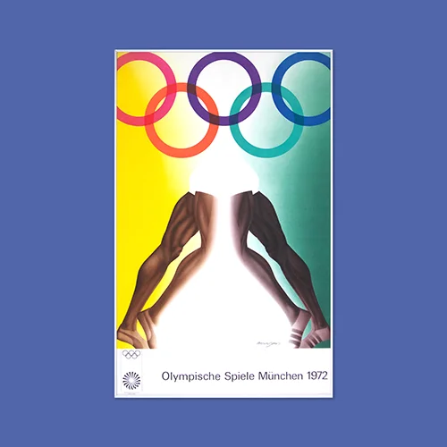 Powerful, black, athletic legs set to go below brightly coloured Olympic Rings