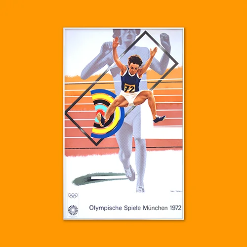 A composition of two athletes with shapes set against a running track in the background