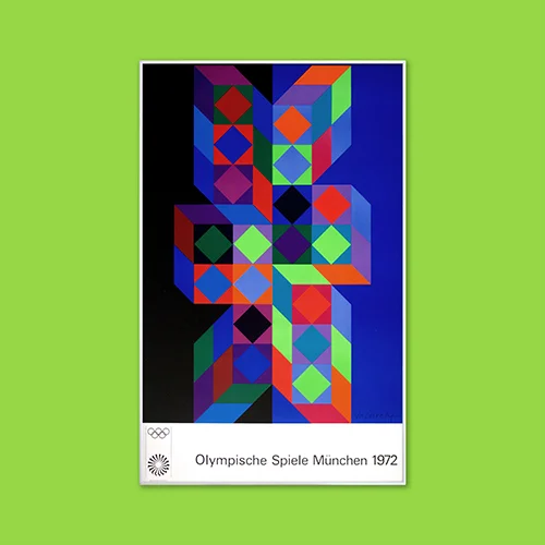 A geometric harlequin of bold colours set on halved background of black and blue