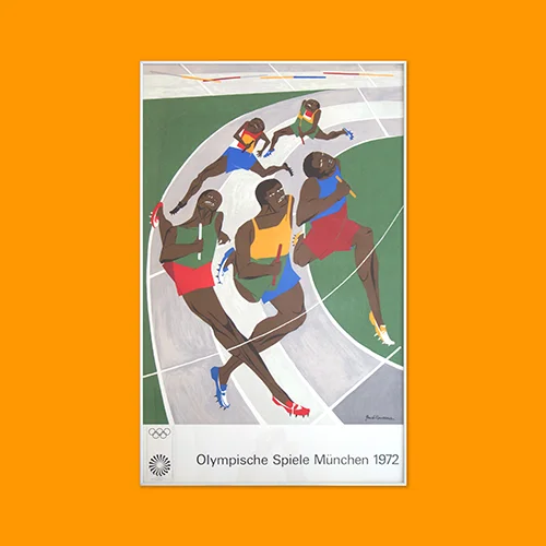 African American sprinters running the bend in an expressive cubism style