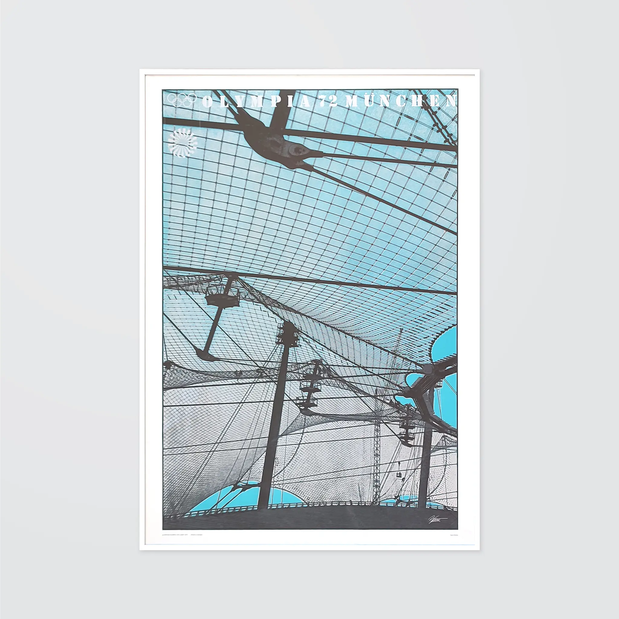 Framed poster with image of Olympic Stadium roof and sky. Structural lines and grids in foreground. Text reads "Olympia '72 München."