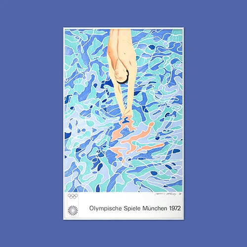 A Pop Art styled diver entering a swimming pool of interlocking blue shapes