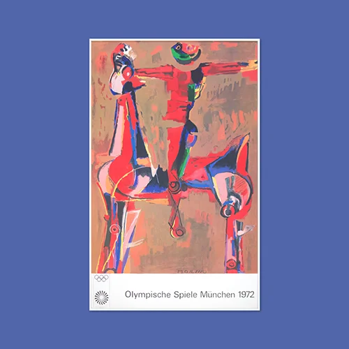 An abstract figure on horseback in shades of red and blue