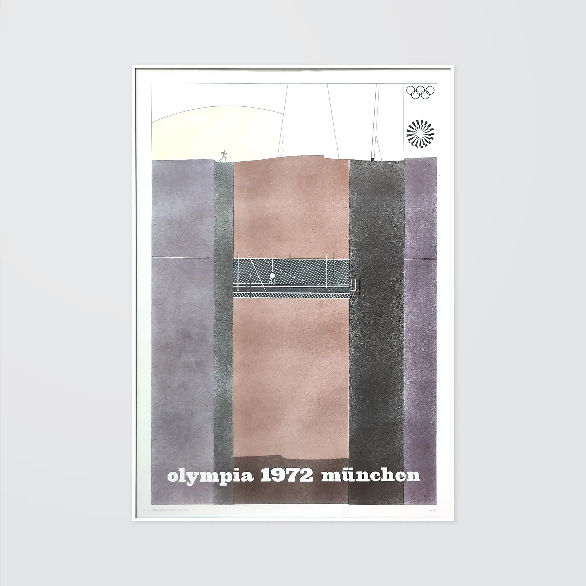 Poster with abstract design in pastel colors, featuring the text "olympia 1972 münchen." Olympic rings and logo are visible at the top.