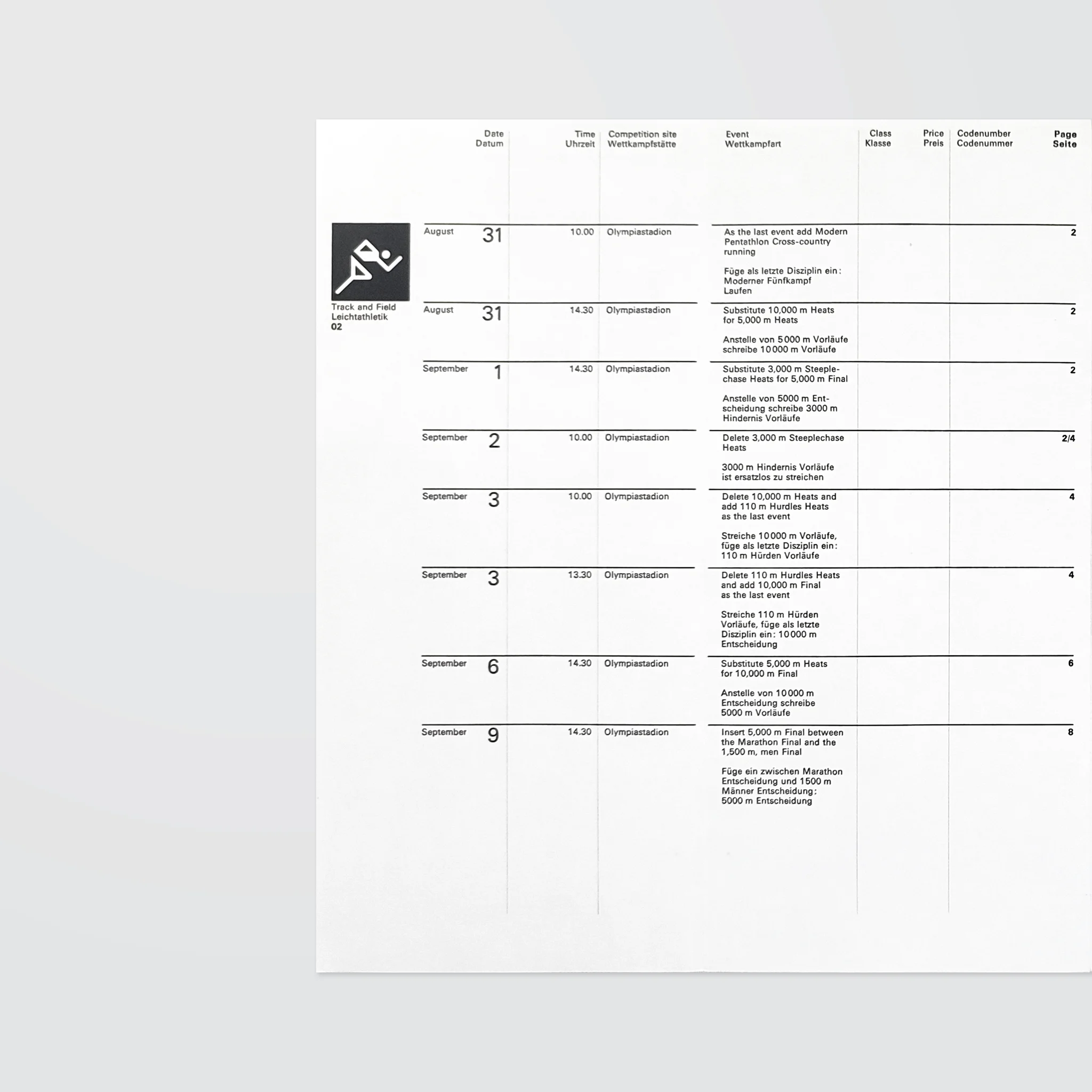 A schedule with dates from August 31 to September 9 lists athletic events at Olympiastadion. Includes times, event names, and page numbers.