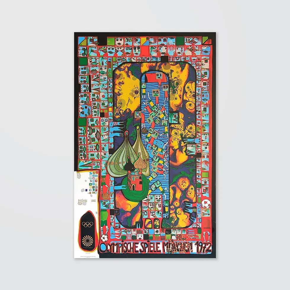 Friedensreich Hundertwasser Art Poster. A football game in the stlye of an oriental magic carpet. Uneven shapes and forms in