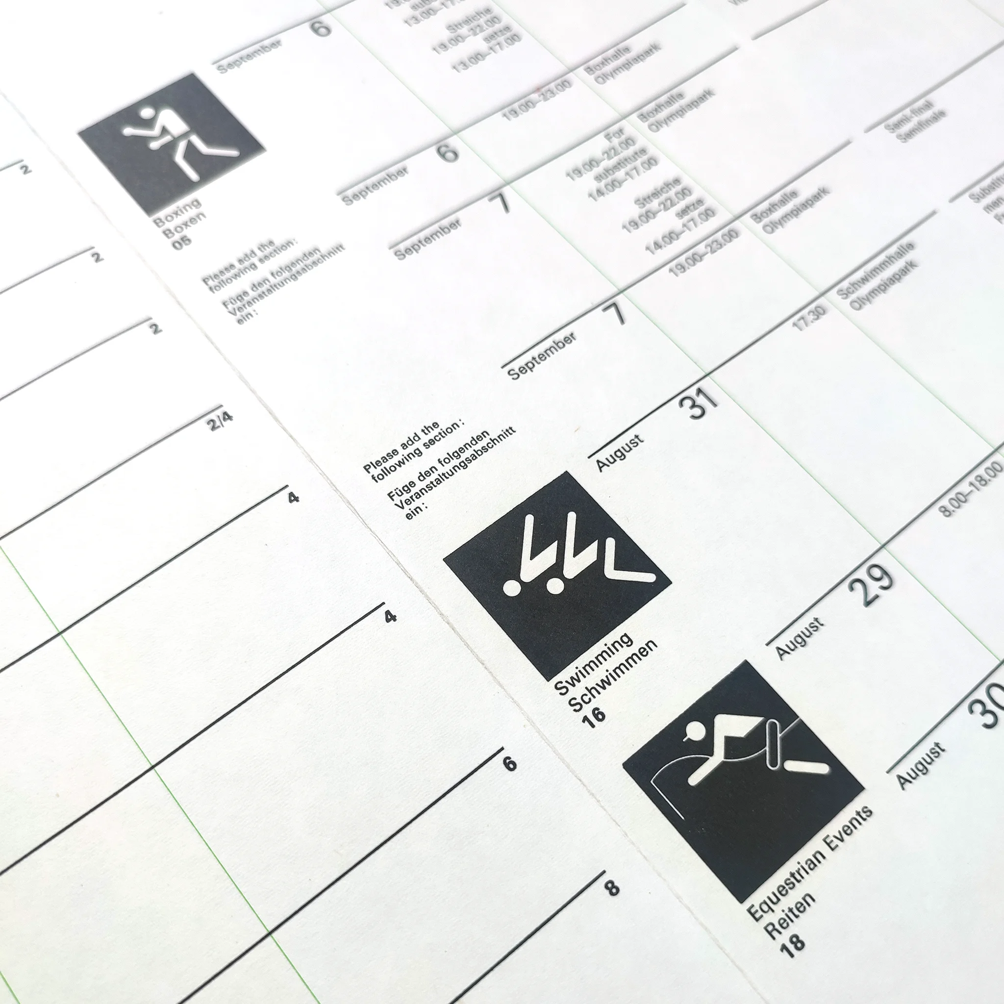 Schedule page with illustrated icons for boxing, swimming, and equestrian events. Dates in August and September are visible, with some text.