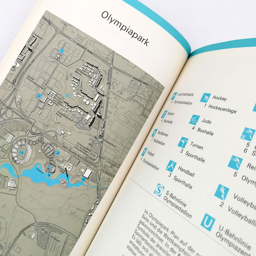 Thumbnail: Map of Olympiapark in a book, showing paths, buildings, and a legend for sports facilities. Blue icons indicate activities li