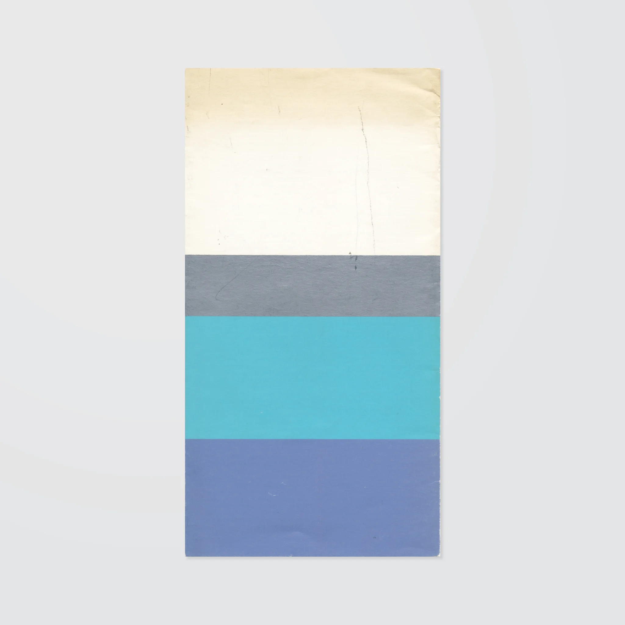 Back cover of a programme with four horizontal color bands: white, silver, cyan, and blue, against a light background. Minimalist design.