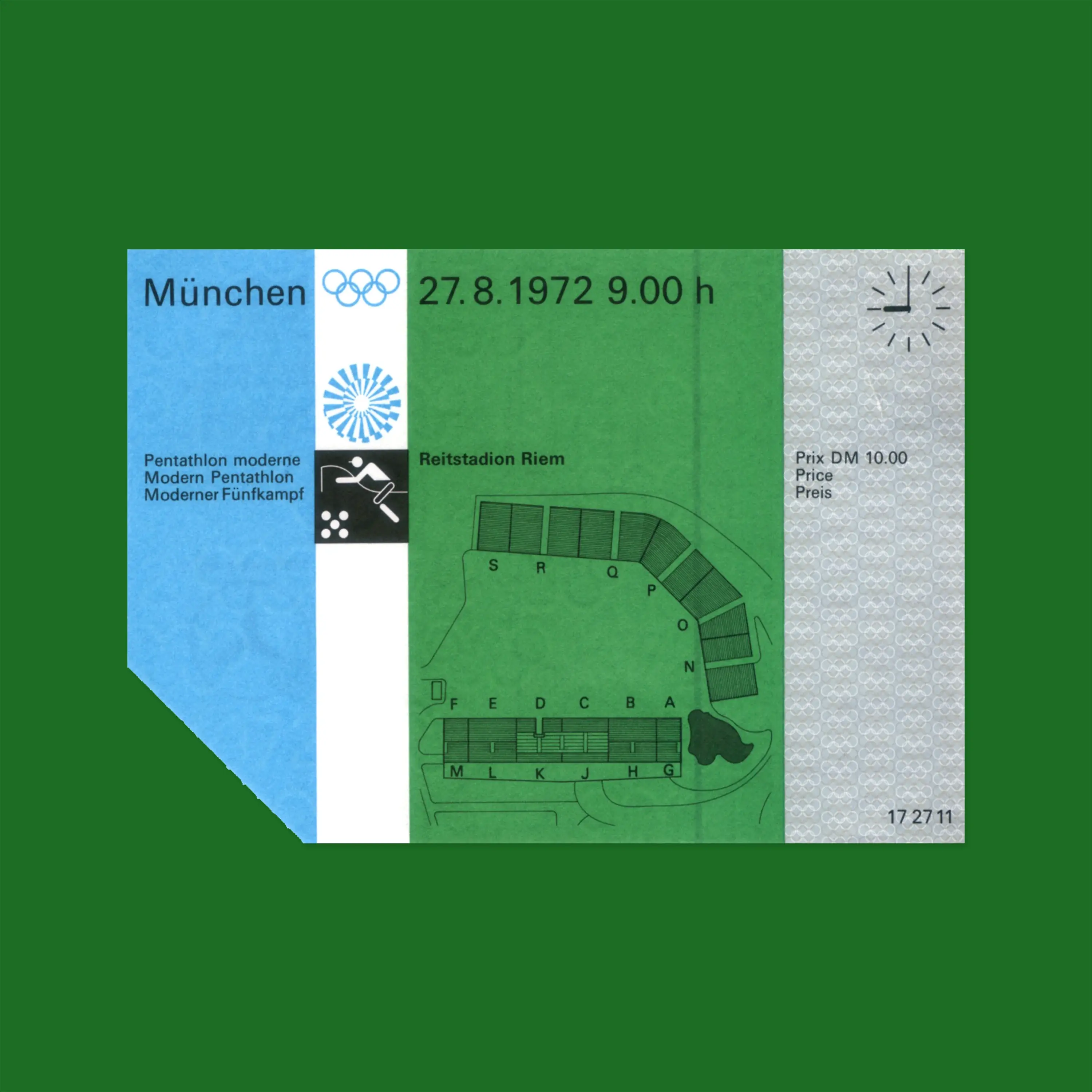 Blue and green ticket for the 1972 Munich Olympics, Modern Pentathlon event. Includes date, time, seating map, and event symb