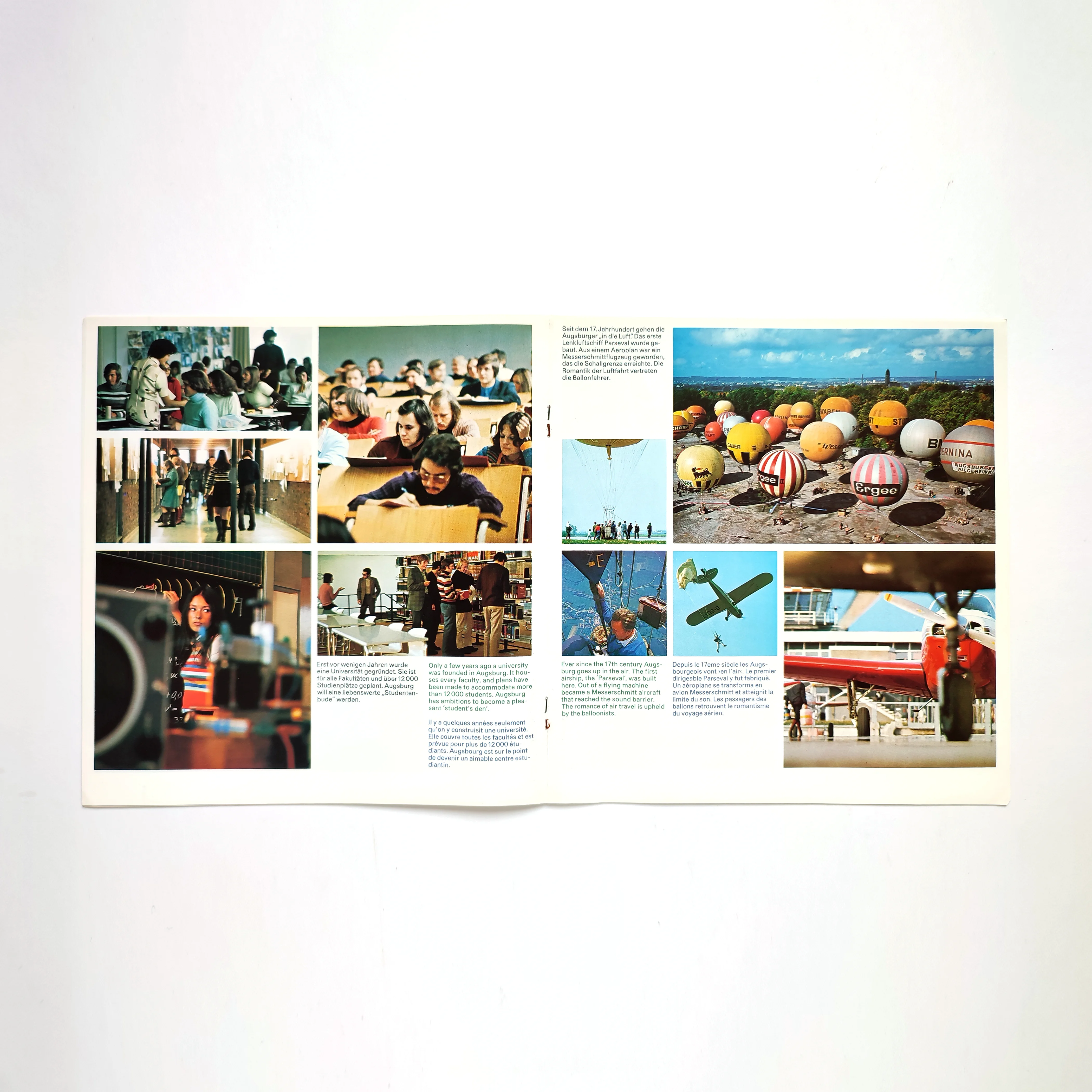 Collage of images: students in classrooms, colorful balloons outdoors, a plane in the sky, and people working with machinery. Text in various sections.