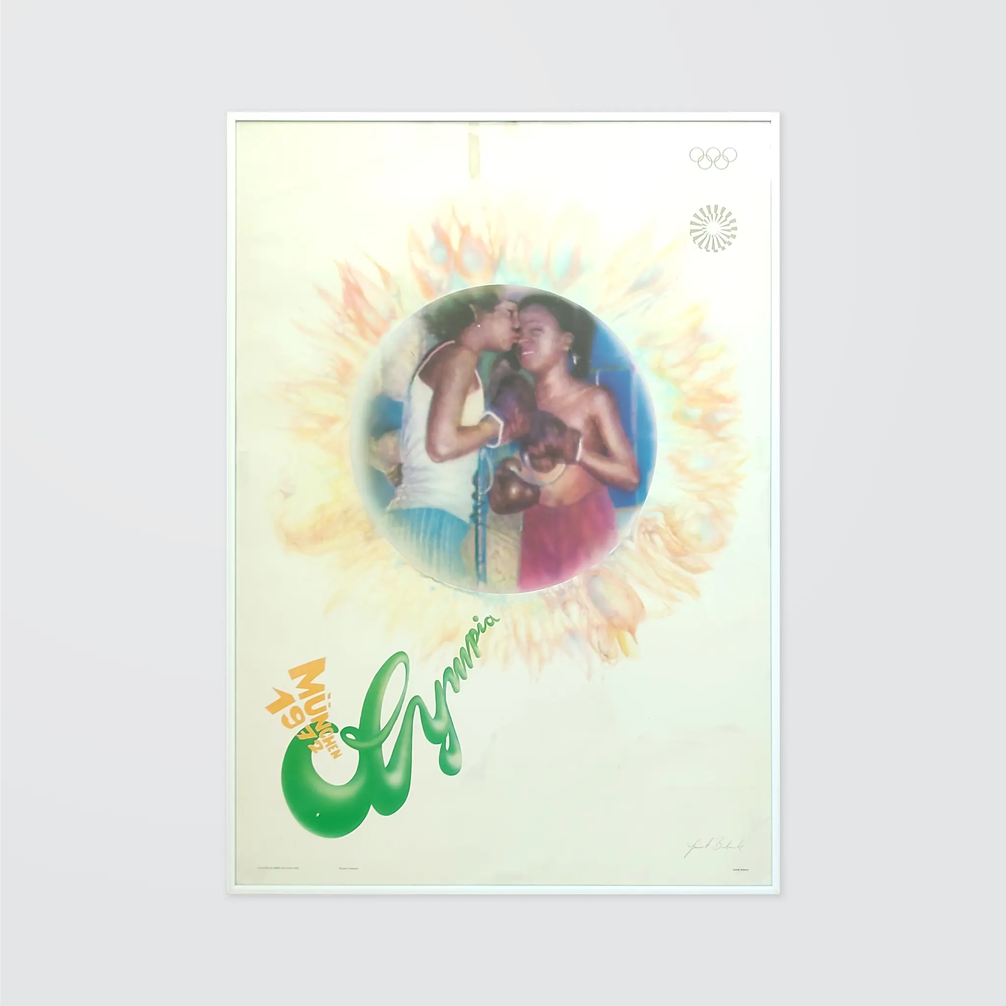 Two smiling people embrace, surrounded by a floral motif. Text: "Munich 1972 Olympia." Background is a green gradient.