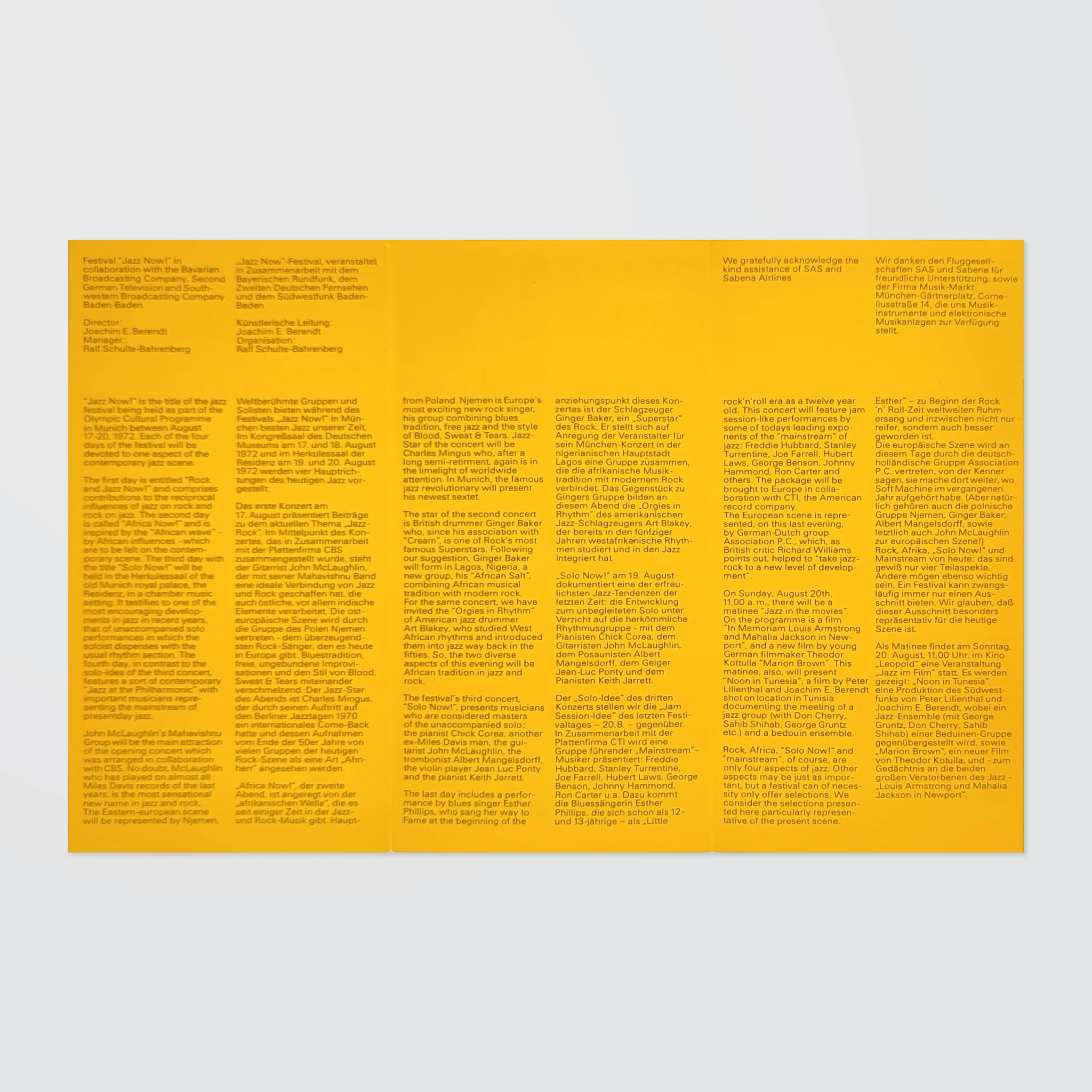 Yellow flyer with dense black text in multiple columns. Content is about a jazz festival, listing events and performers. Minimal design.