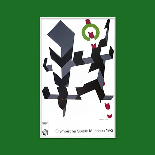 Abstract geometric shapes in black and grey with highlights of red and green on a white background