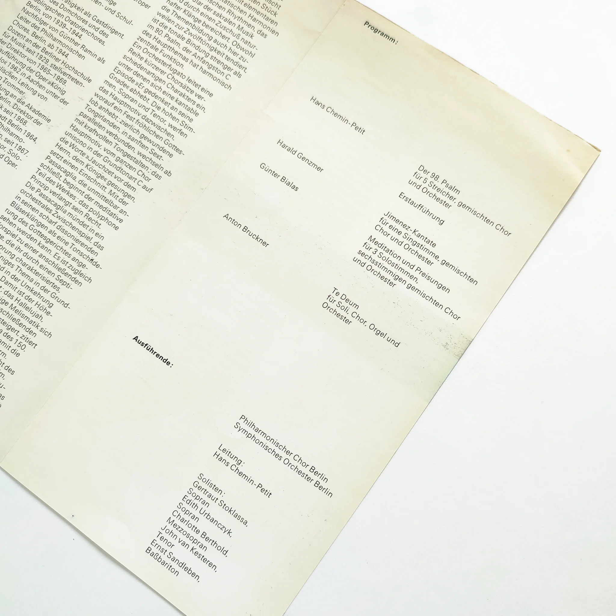 A concert program featuring text about composers Hans Chemin-Petit, Harald Genzmer, Günter Bialas, and Anton Bruckner.