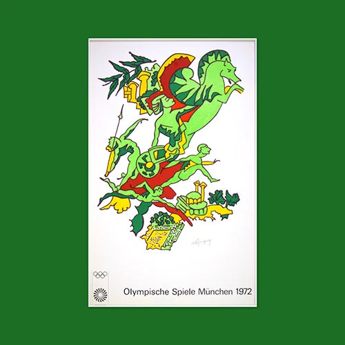 Pelops, founder of the Olympic Games, soaring heraldically on a green steed into a sky ful of columns