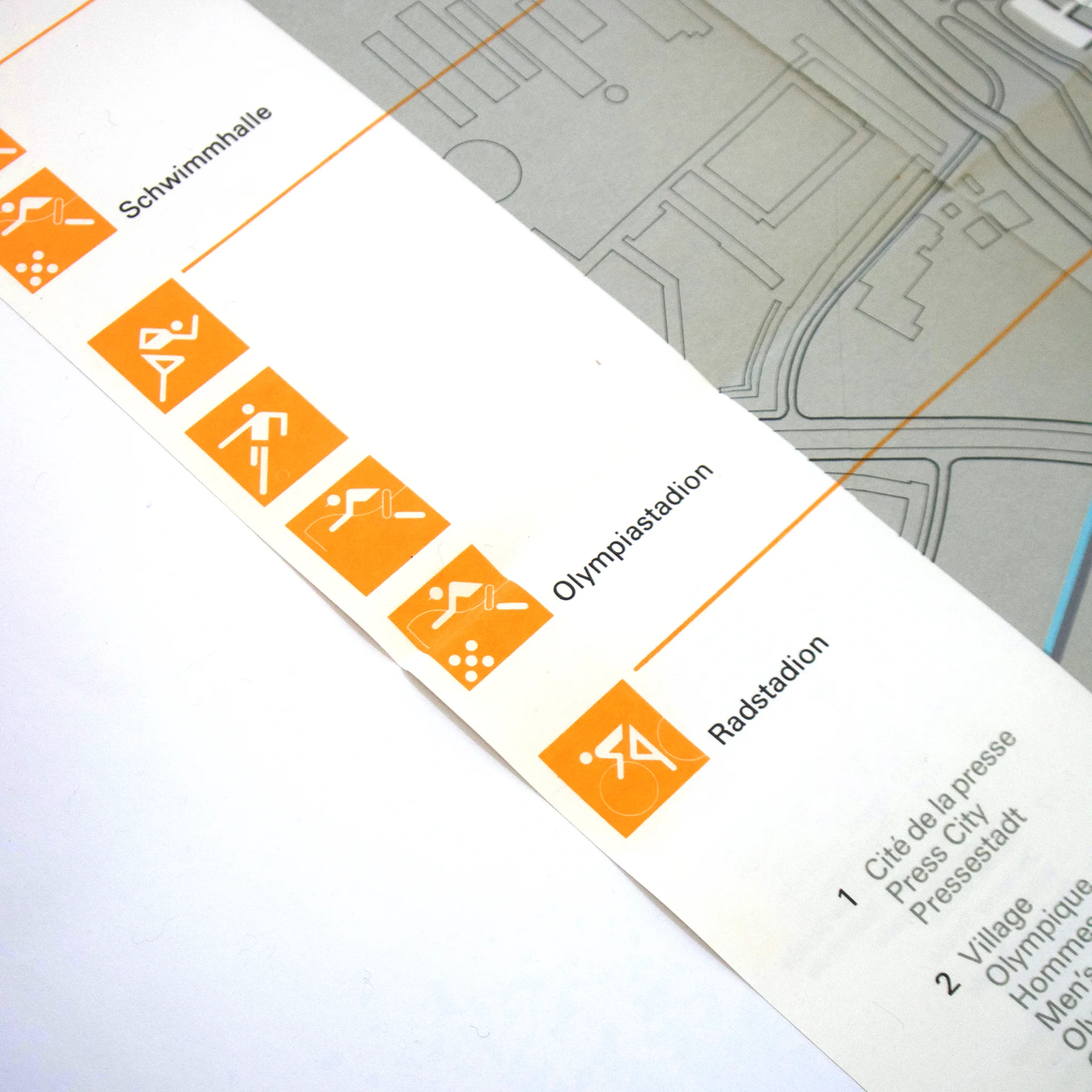 Map segment showing symbols for sporting venues. Orange icons represent swim halls and stadiums. Text: Schwimmhalle, Olympiastadion, Radstadion.