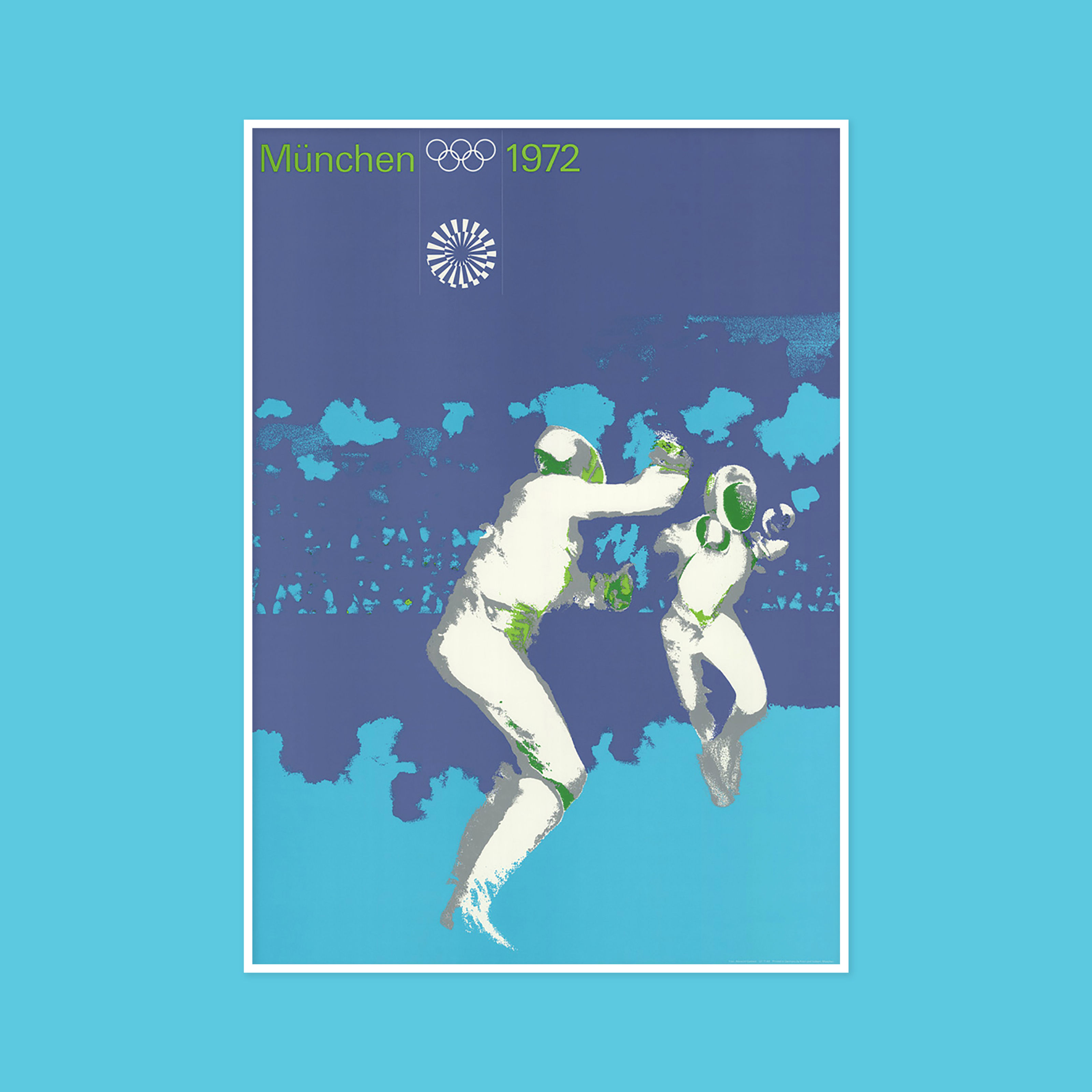 A blue & white poster of two fencers duelling. Created in a vectorized photo style with München 1972 text & Olympic rings
