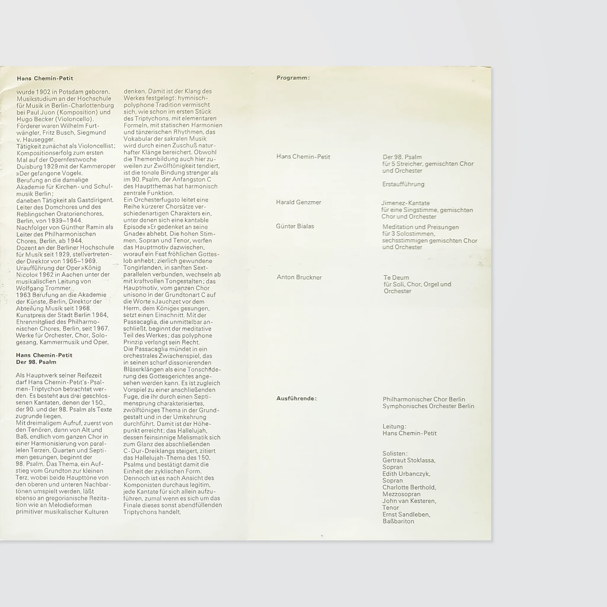 A concert program featuring text about composers Hans Chemin-Petit, Harald Genzmer, Günter Bialas, and Anton Bruckner.
