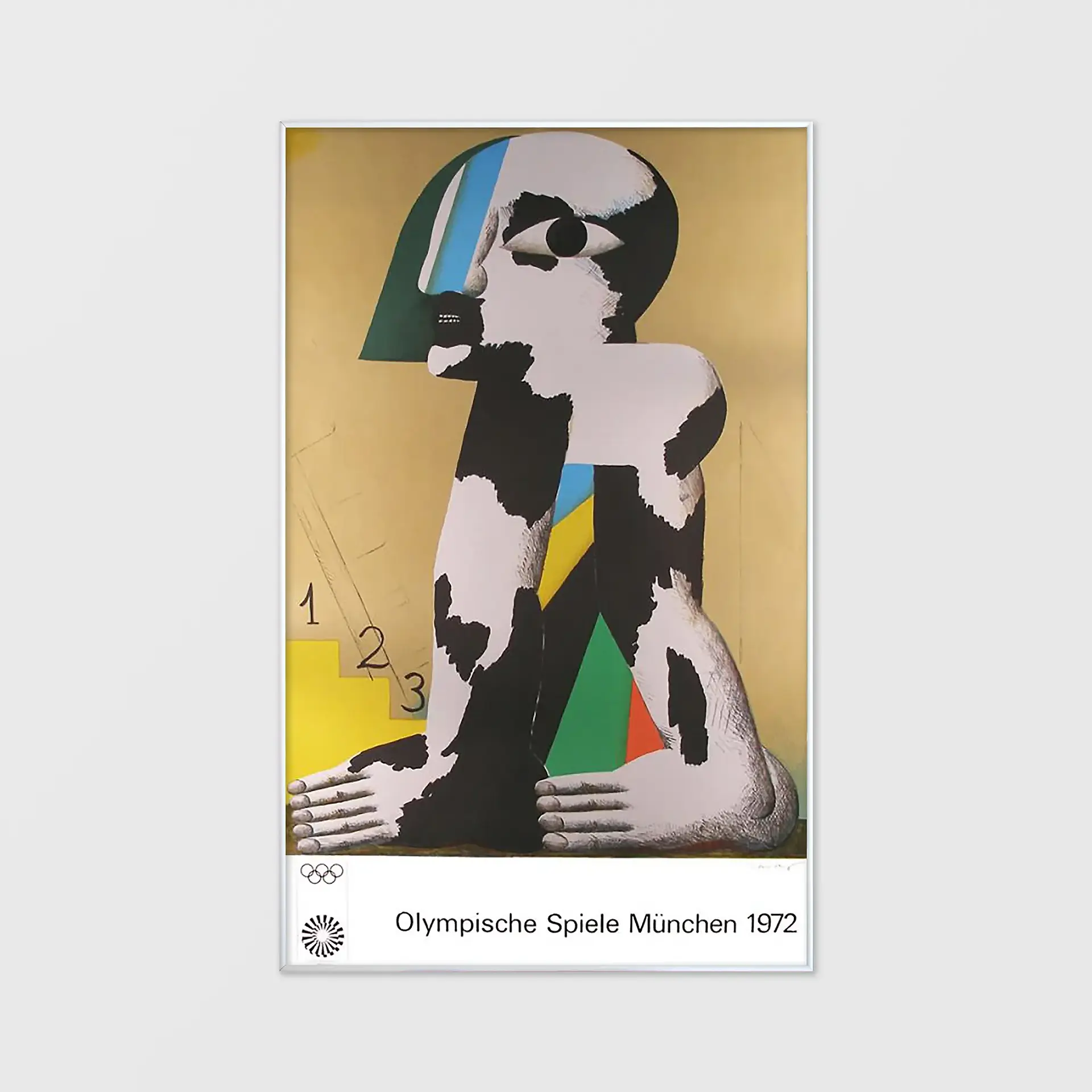 An abstract figure stood by a medal podium. Mainly black and white with highlights of colour on a gold background