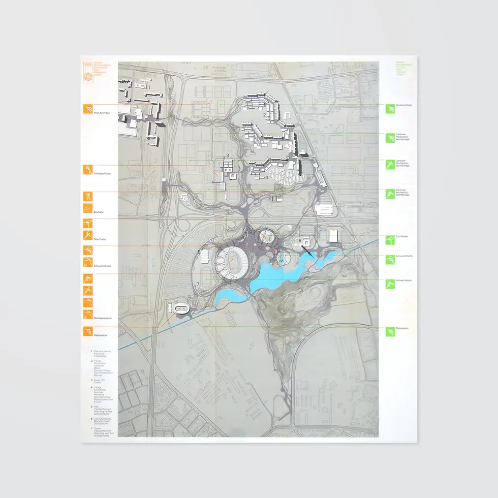 Map of a complex with buildings, paths, and a blue water feature. Icons with text line the left and right sides. Neutral tones.