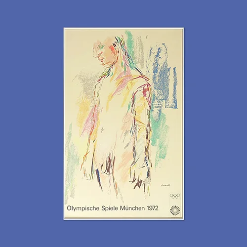 Kouros in an expressionist style of colouful pastel daubs on a cream coloured background