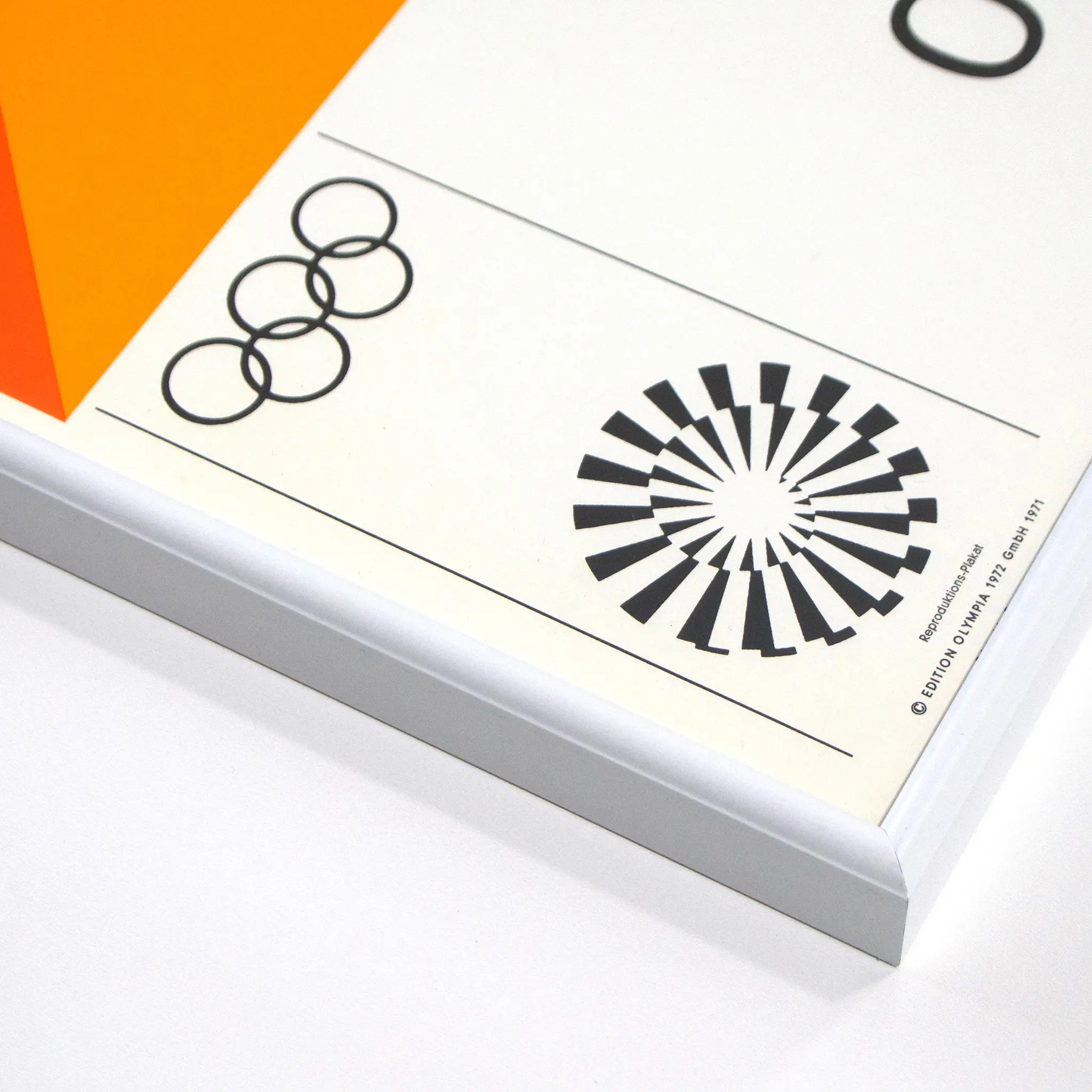 Geometric poster with black circle designs, an orange triangle, and "Edition Olympia 1972" text. Bold, minimalist style.