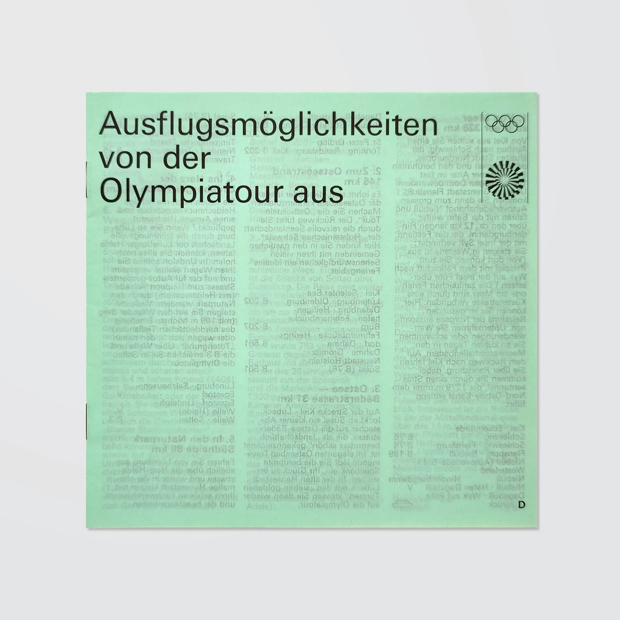 Green brochure with black text "Ausflugsmöglichkeiten von der Olympiatour aus" and Olympic symbols. Text appears in columns.
