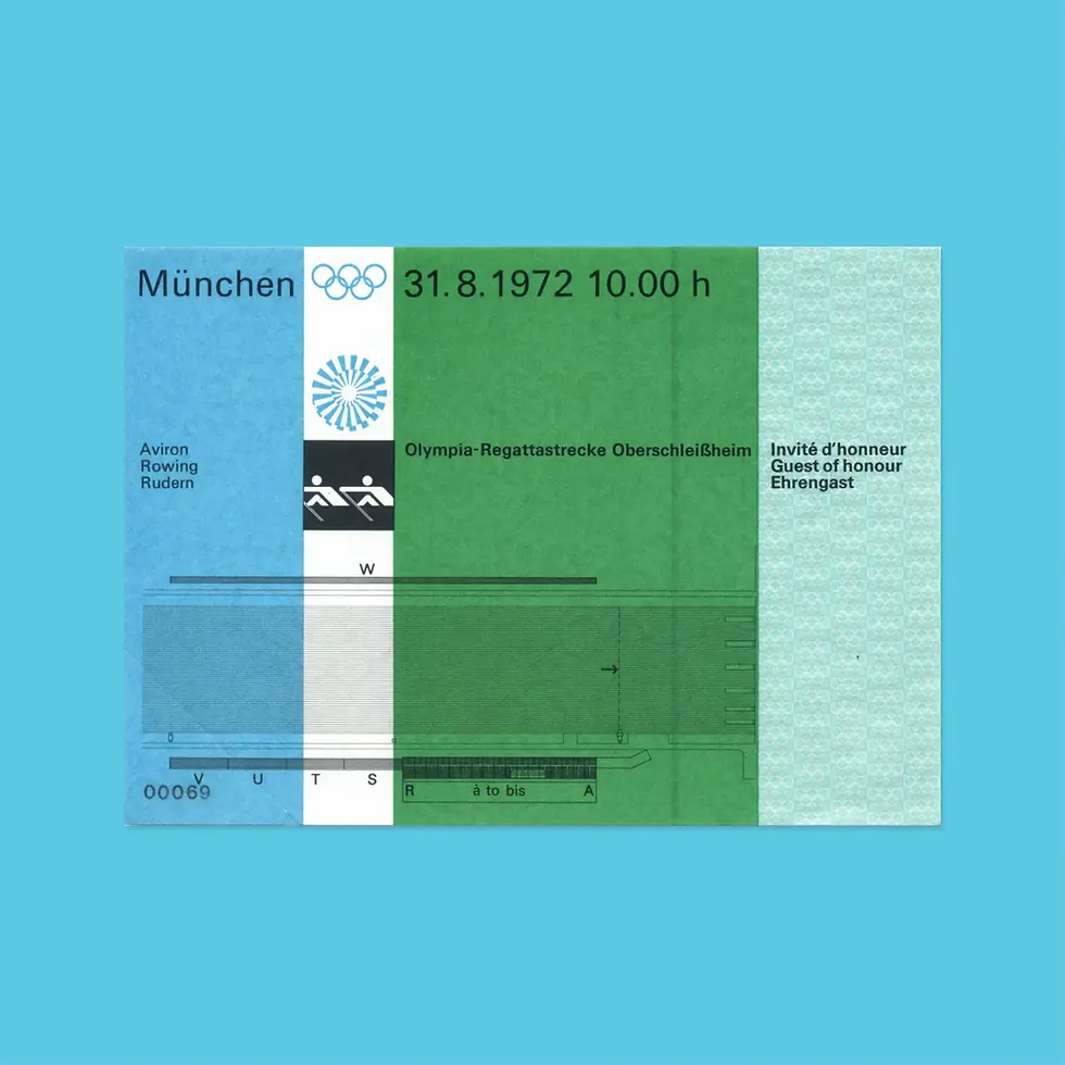 Ticket for a rowing event at the 1972 Munich Olympics. It features blue and green sections with text detailing date, time, an